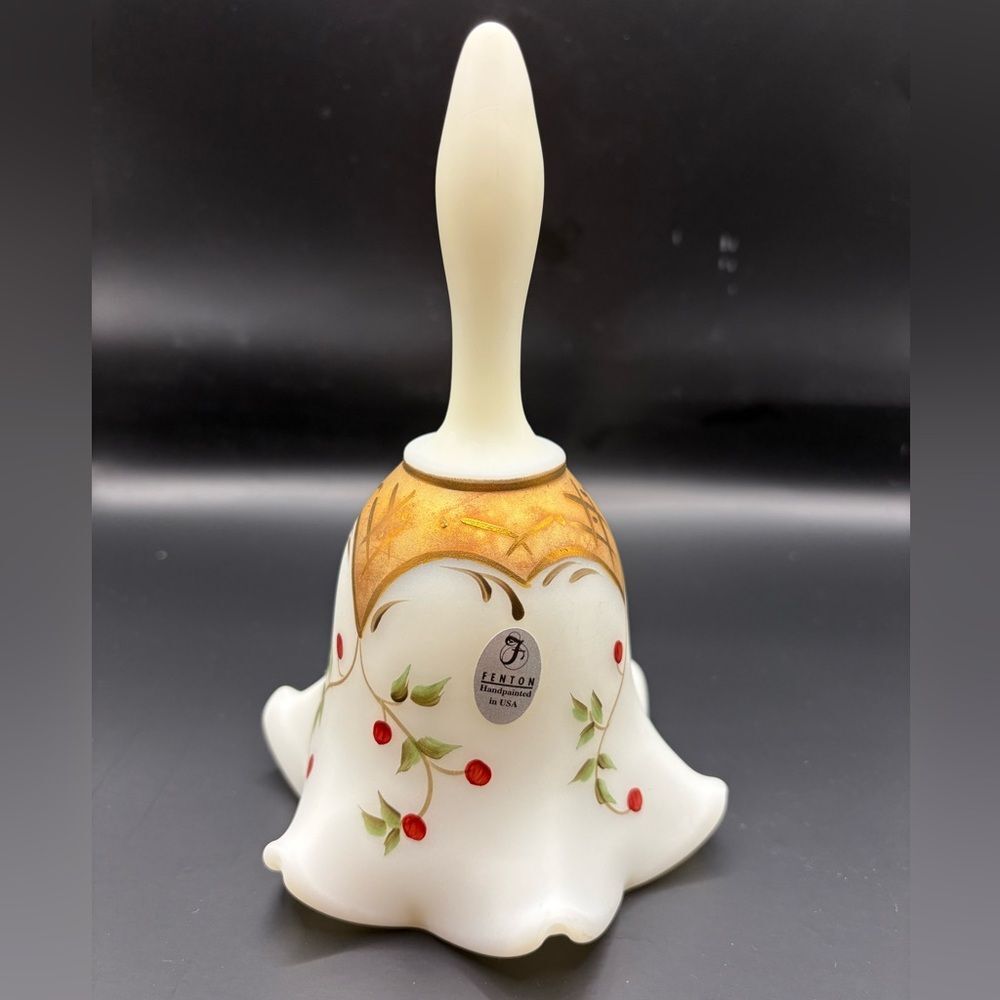 Fenton Retired Ivory Satin Twining Berries Bell Hand Painted USA signed